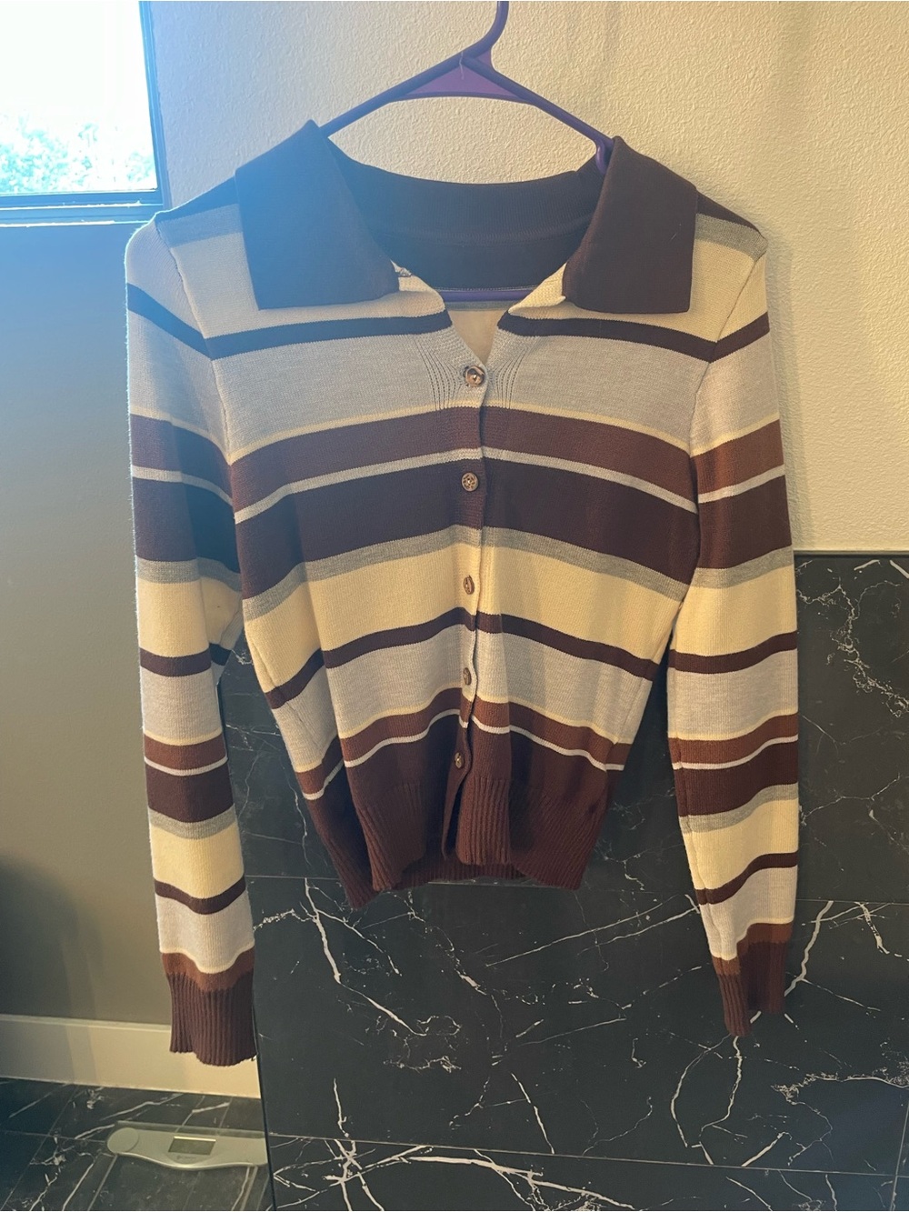 Striped Collared Button-Front Cardigan Sweater - Brown & Cream